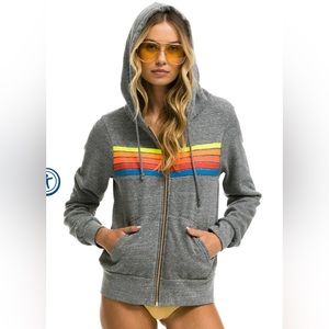 5 STRIPE HOODIE - HEATHER GREY // NEON RAINBOW